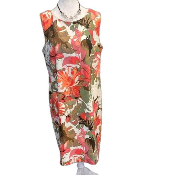 Connected Sz 14 hibiscus sleeveless print shift  dress with back zipper - Picture 1 of 7